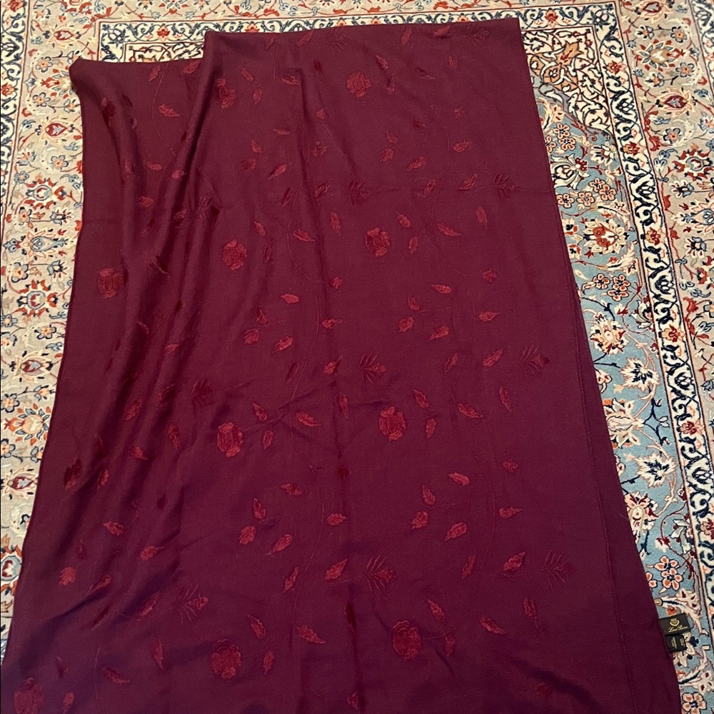 Loro Piana Burgundy Cashmere Embroidered Shaw 29”x80”